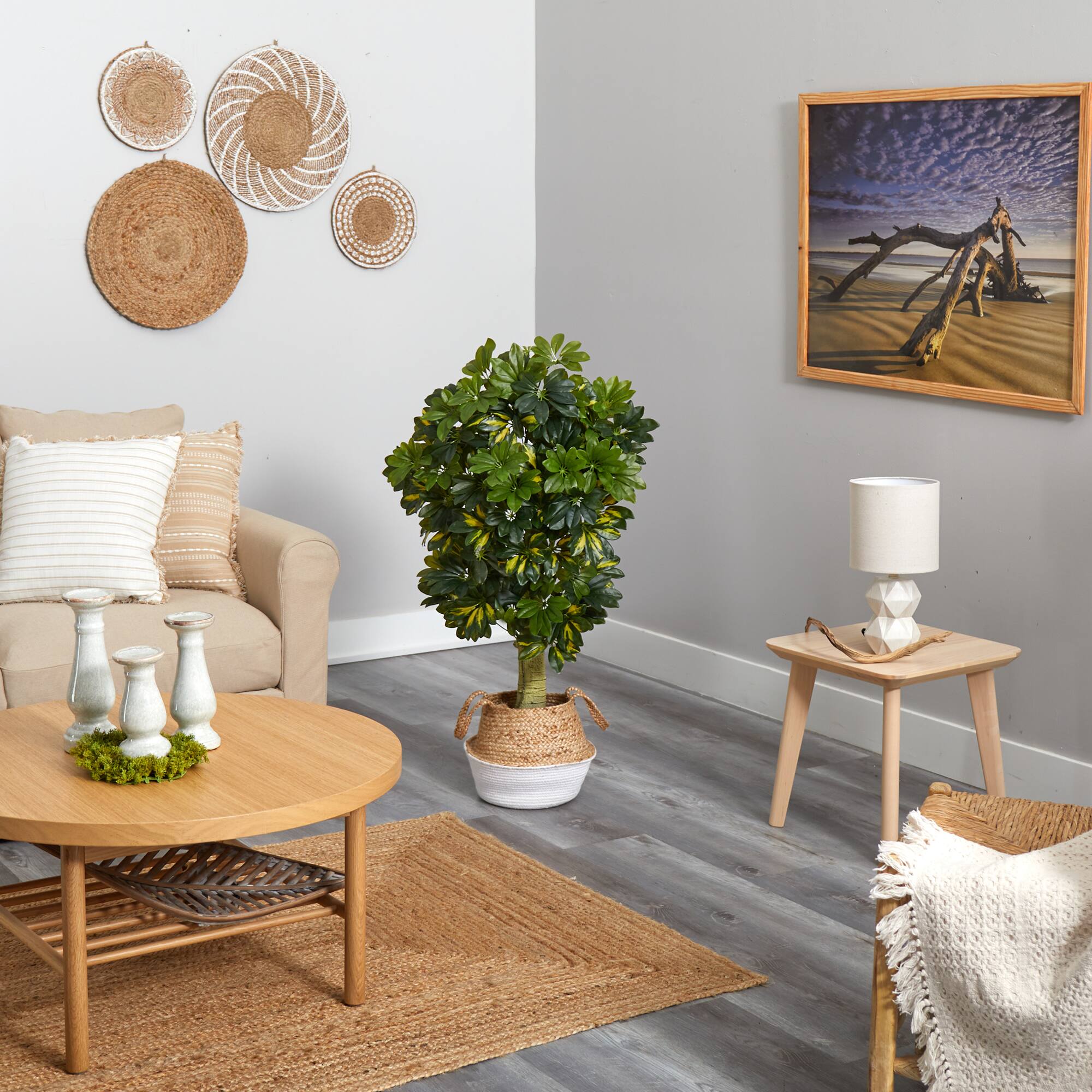 4ft. Schefflera Artificial Tree in Boho Chic Handmade Cotton & Jute White Woven Planter (Real Touch)